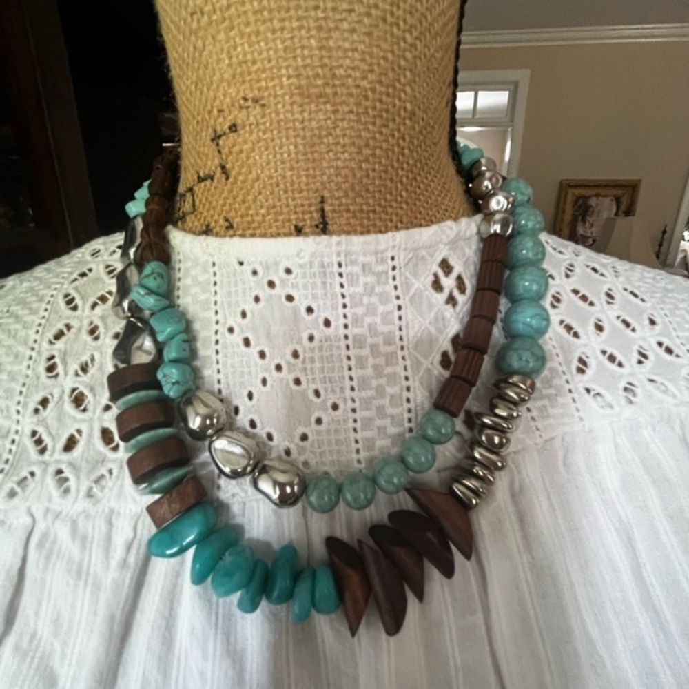 Turquoise and Silver Beaded Necklace 22”+4”